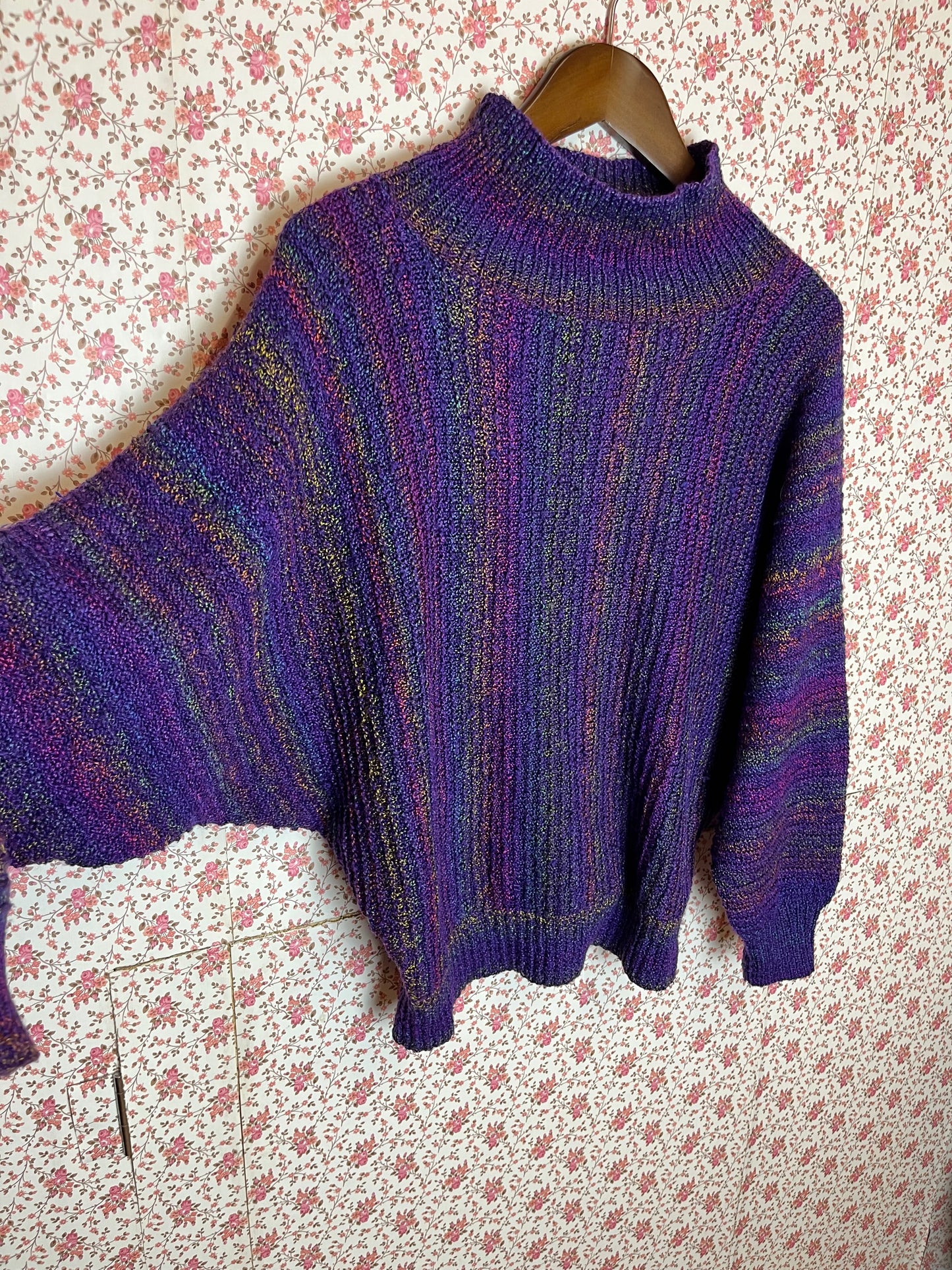 Vintage 1980s Rainbow Sparkle Purple Batwing Jumper