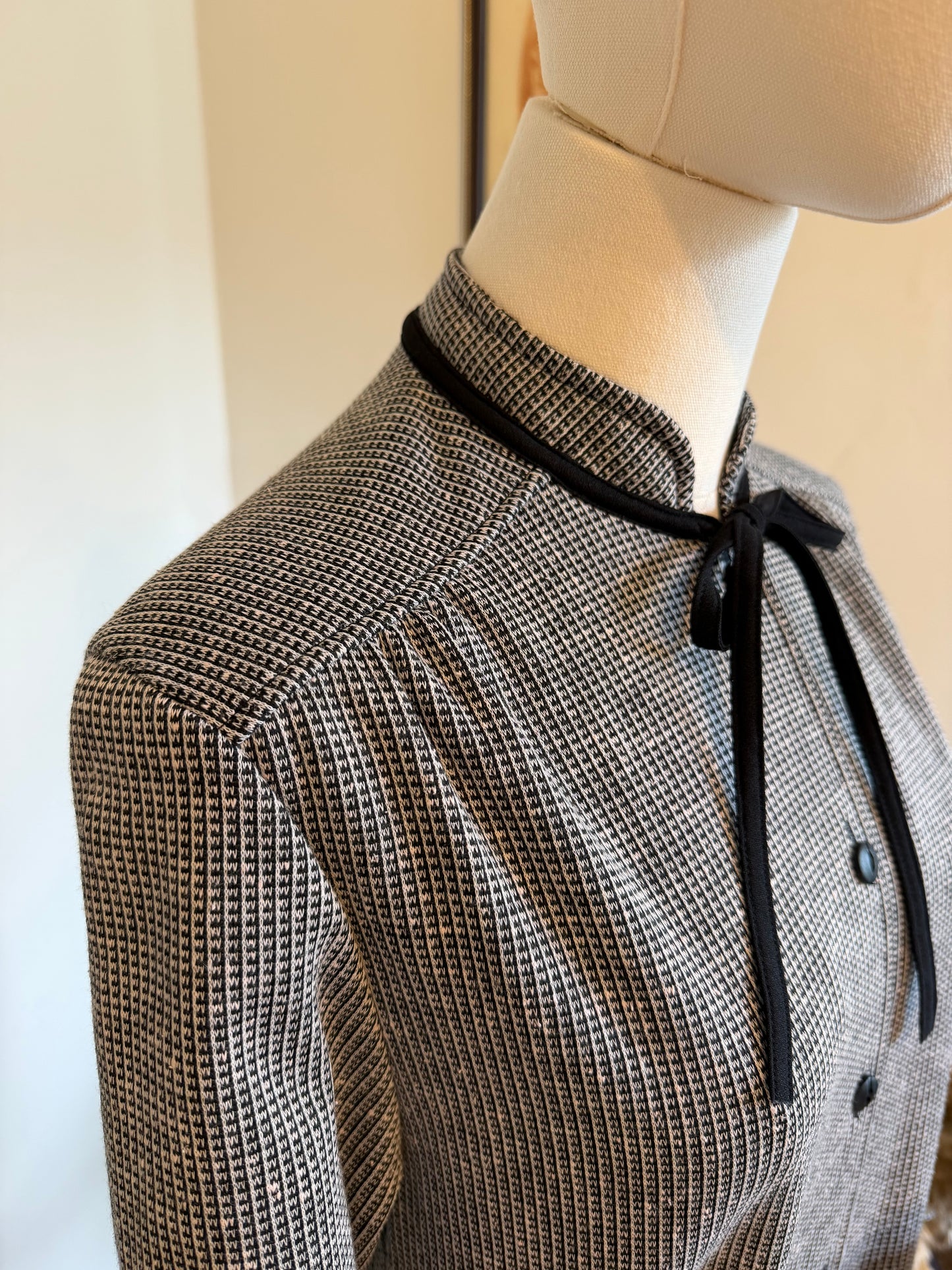 Vintage 1970s Monochrome Checked Neck Tie Midi Shirt Dress - Size Medium
