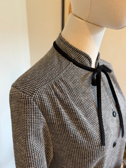 Vintage 1970s Monochrome Checked Neck Tie Midi Shirt Dress - Size Medium