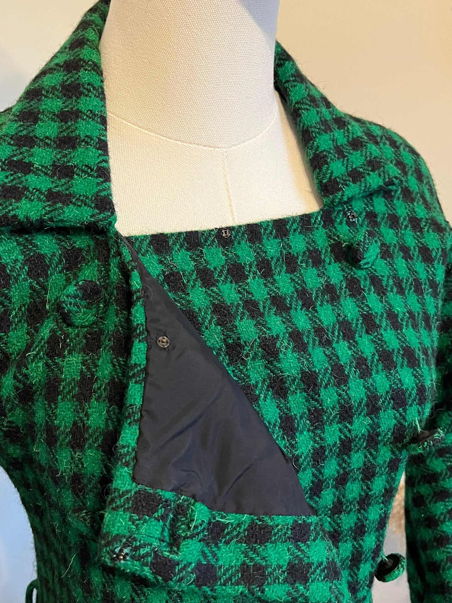 Vintage 1950s Green & Black Checked Wool Coat
