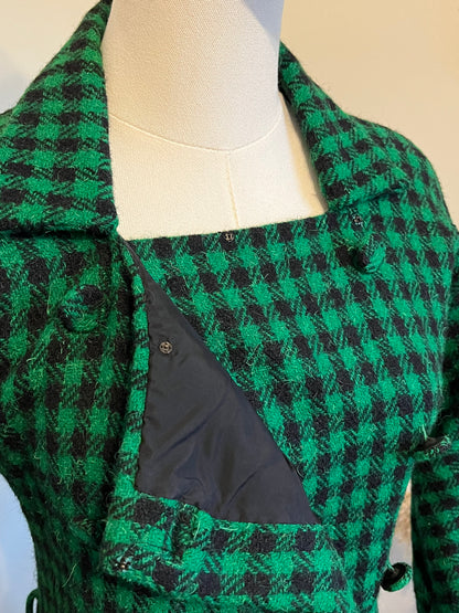 Vintage 1950s Green & Black Checked Wool Coat