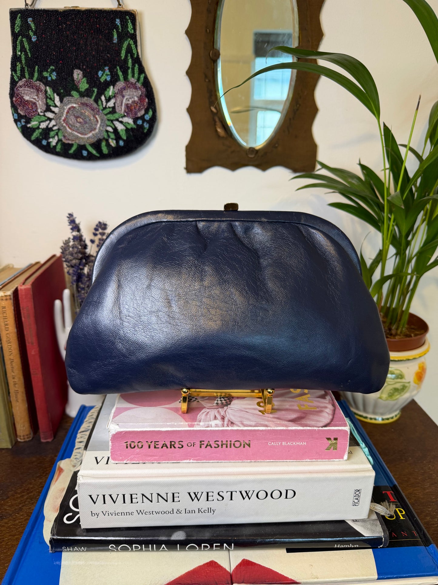 Vintage 1950s Hand Painted Navy Leather Clutch Bag