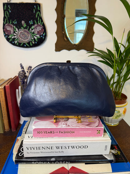 Vintage 1950s Hand Painted Navy Leather Clutch Bag