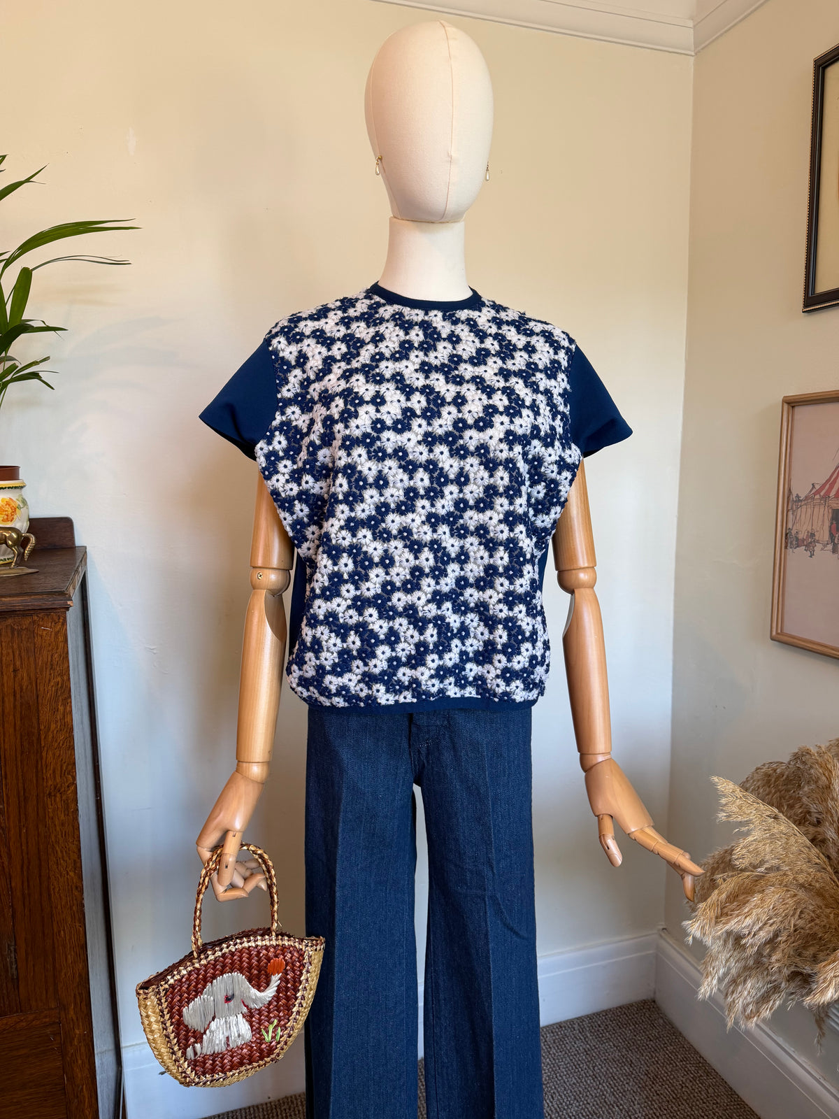 Vintage 1960s Floral Embroidered Semi Sheer Tee
