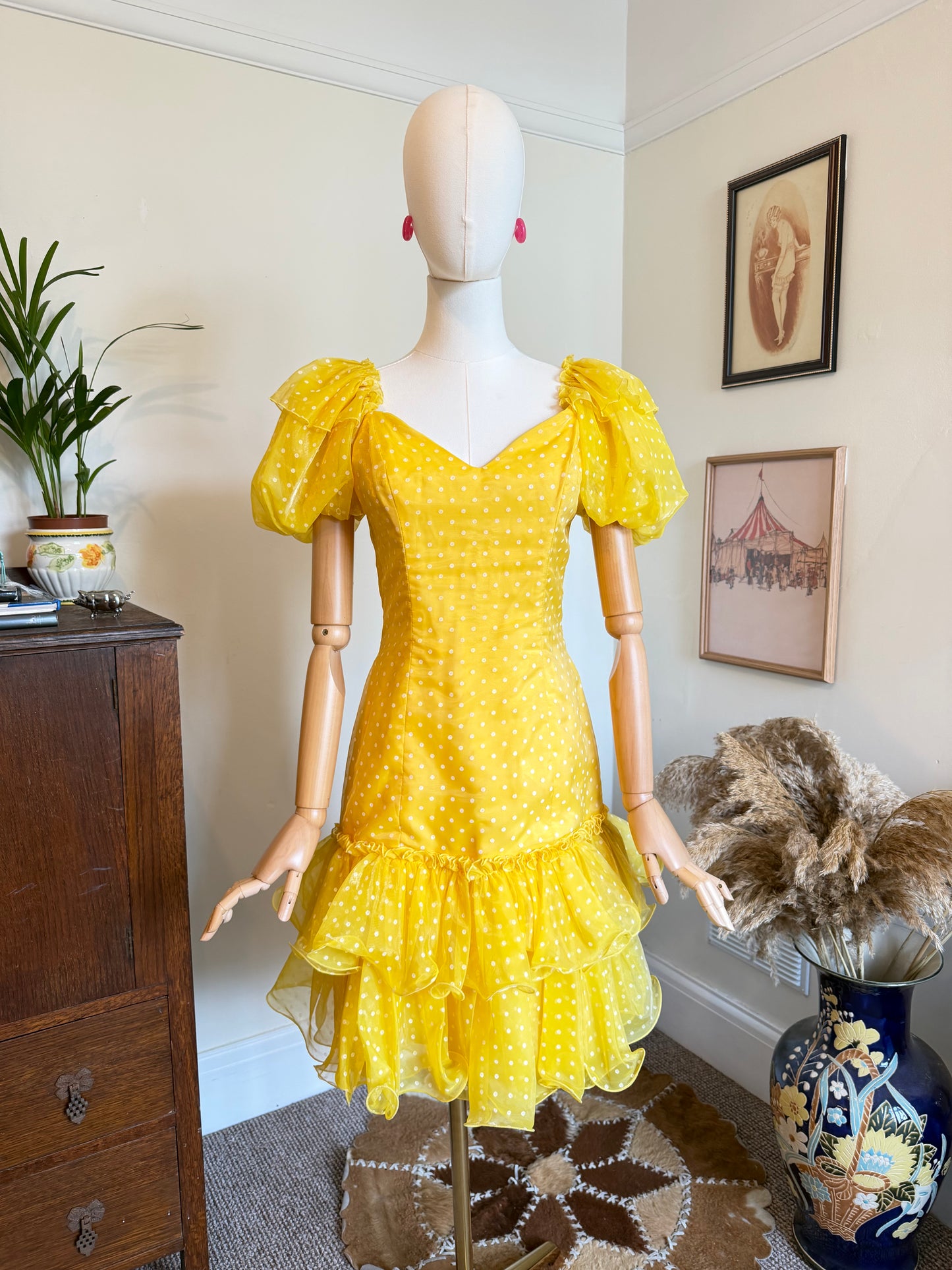 Vintage 1980s John Charles Yellow Polka Dot Ra Ra Dress - Size Small