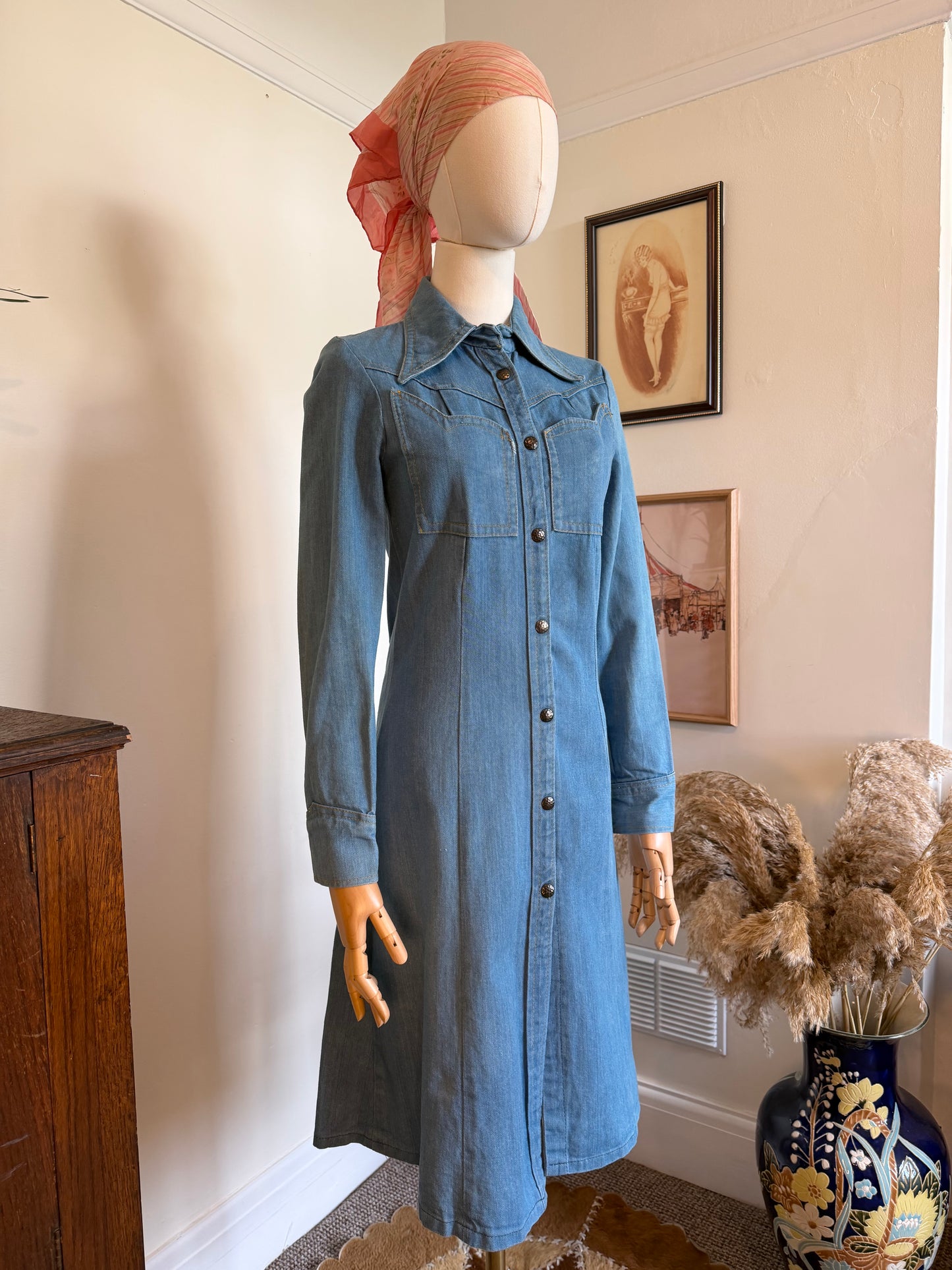 Vintage 1970s Blue Denim Western Collared Shirt Dress - Size Small