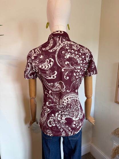 Vintage 1970s Burgundy Paisley Short Sleeve Blouse - Size Small