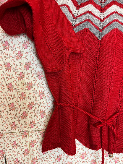 Stunning Vintage 1970s Hand Knitted Red Jumper with Zig Zag and Tie Up