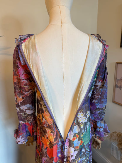 Vintage 1970s Hand Made Photographic Floral Print Frilled Maxi Dress