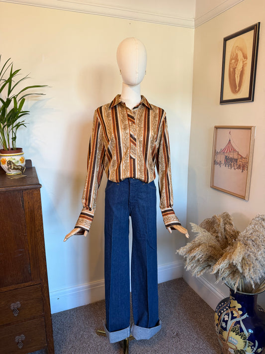 Vintage 1970s Brown Striped Long Sleeve Blouse - Size Medium