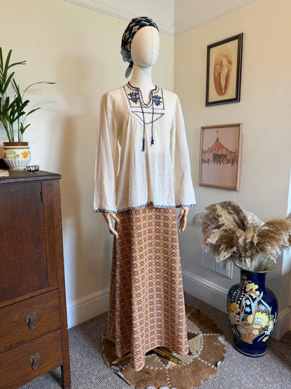 Vintage 1970s Indian Cotton Hand Embroidered Folk Blouse - Size Medium