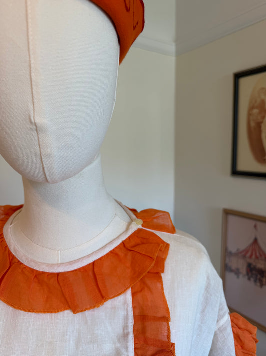 Vintage 1970s White Linen Orange Ruffle Mini Dress - One Size