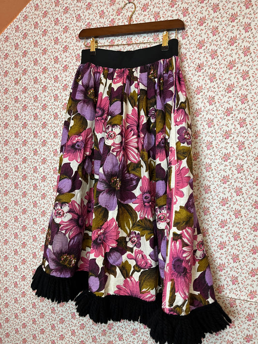 Vintage Handmade Floral Fringe Midi Skirt