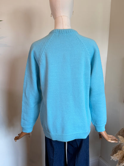 Vintage 1960s Turquoise Blue Fine Knit Button Front Cardigan - Size Medium