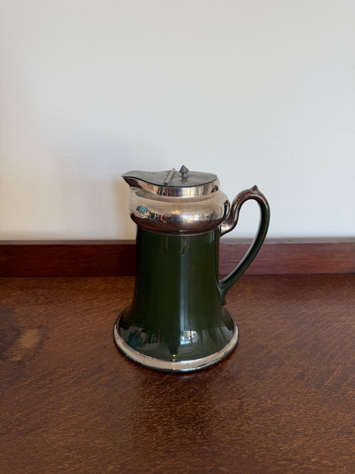 Vintage 1950s Green Ceramic and Silver Lidded Jug