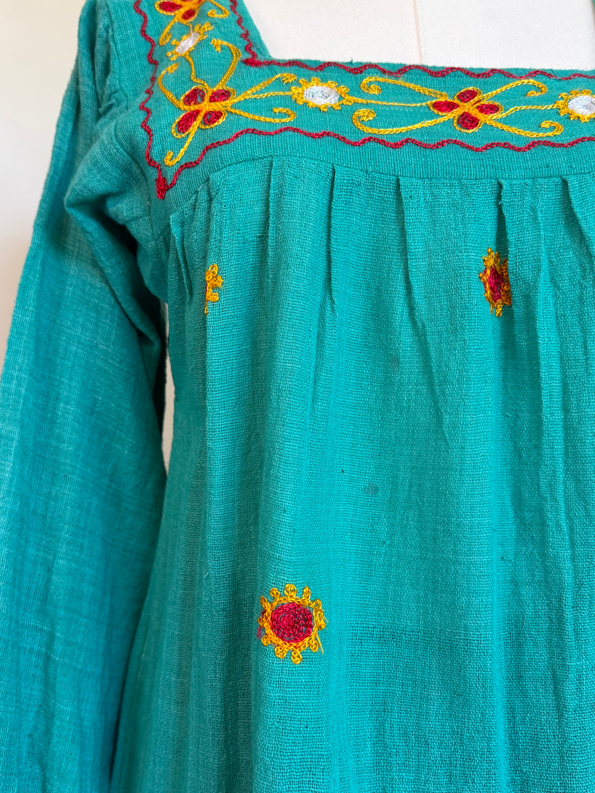 Vintage 1970s Turquoise Embroidered Cotton Smock Top - Size Medium