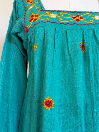 Vintage 1970s Turquoise Embroidered Cotton Smock Top - Size Medium
