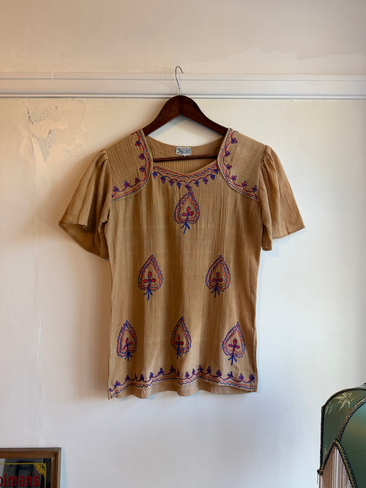 Vintage 1970s Tan Cotton Embroidered Square Neck Top - Size Small/Medium