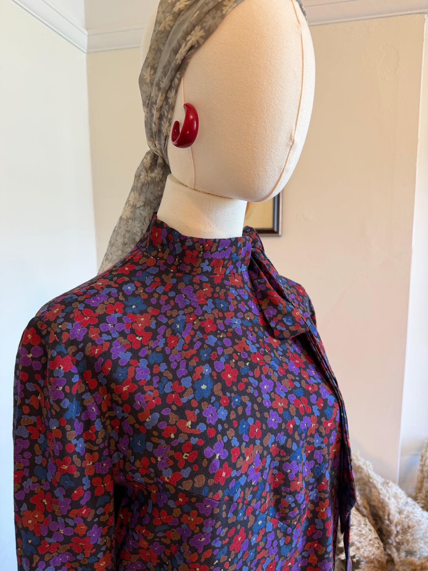 Vintage 1970s Wool Blend Ditsy Print Midi Dress - Size Small/Medium