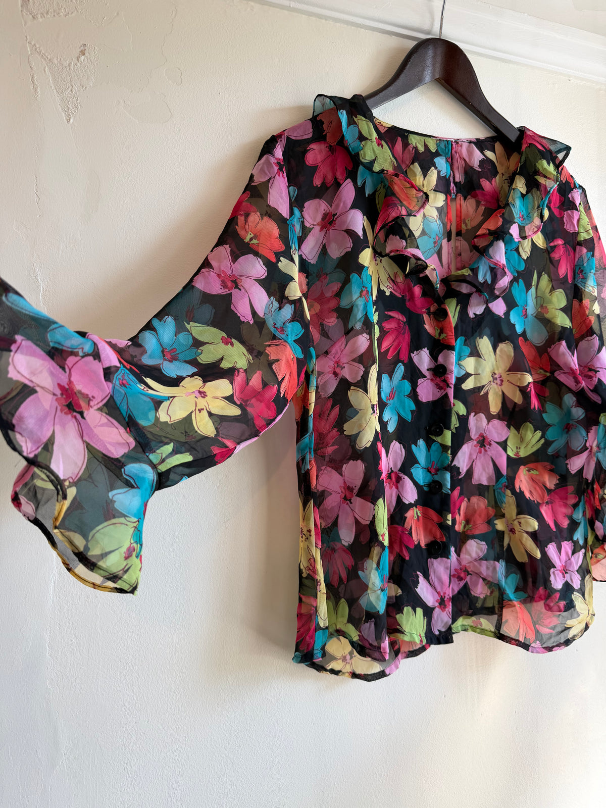 Vintage 1980s Floral Sheer Ruffle Blouse - Size Large