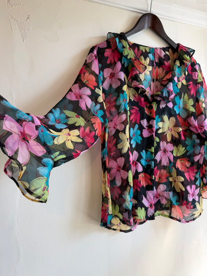 Vintage 1980s Floral Sheer Ruffle Blouse - Size Large