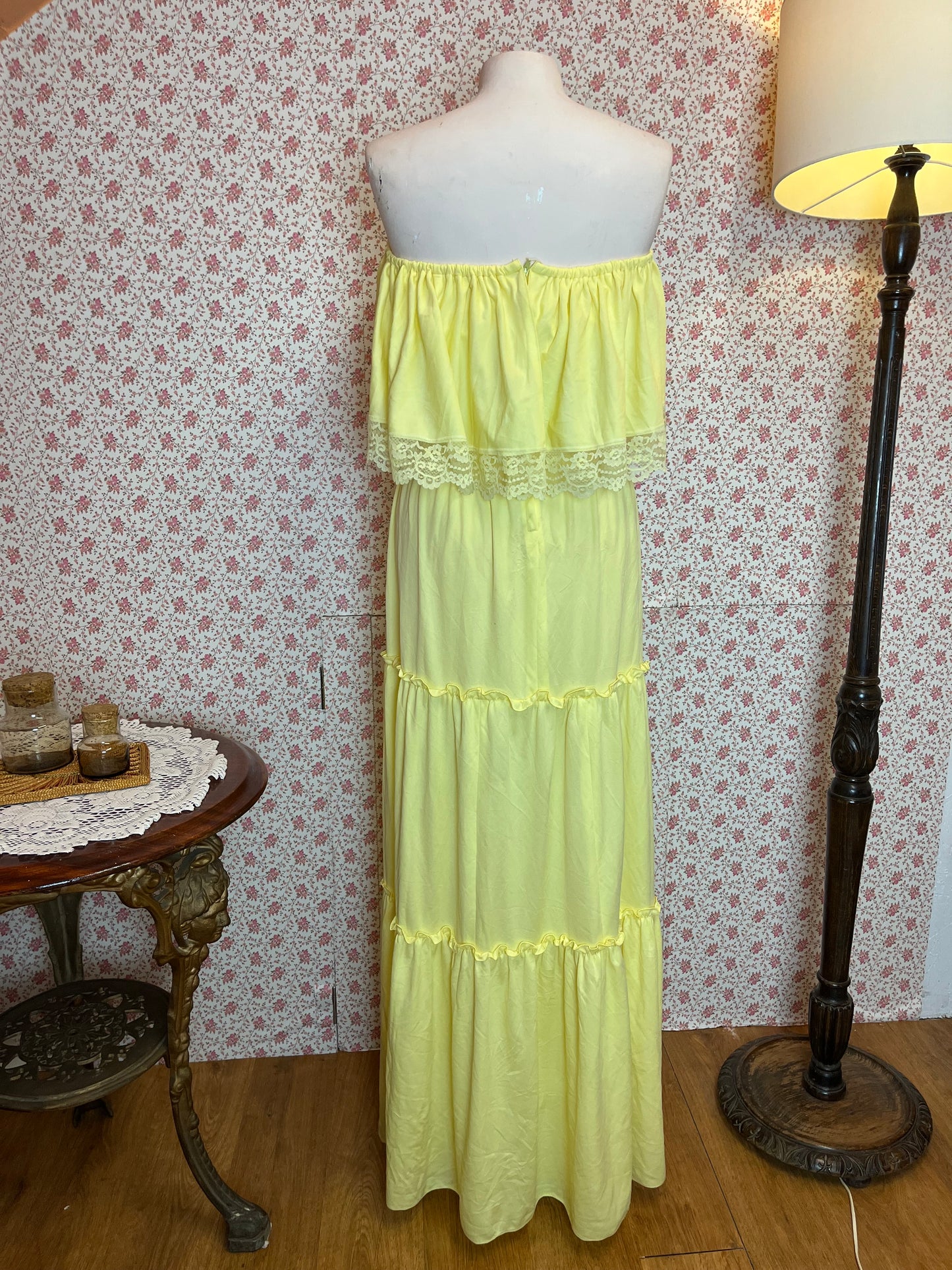 Vintage 1950s Nu-Made Yellow Bardot Tiered Maxi Dress