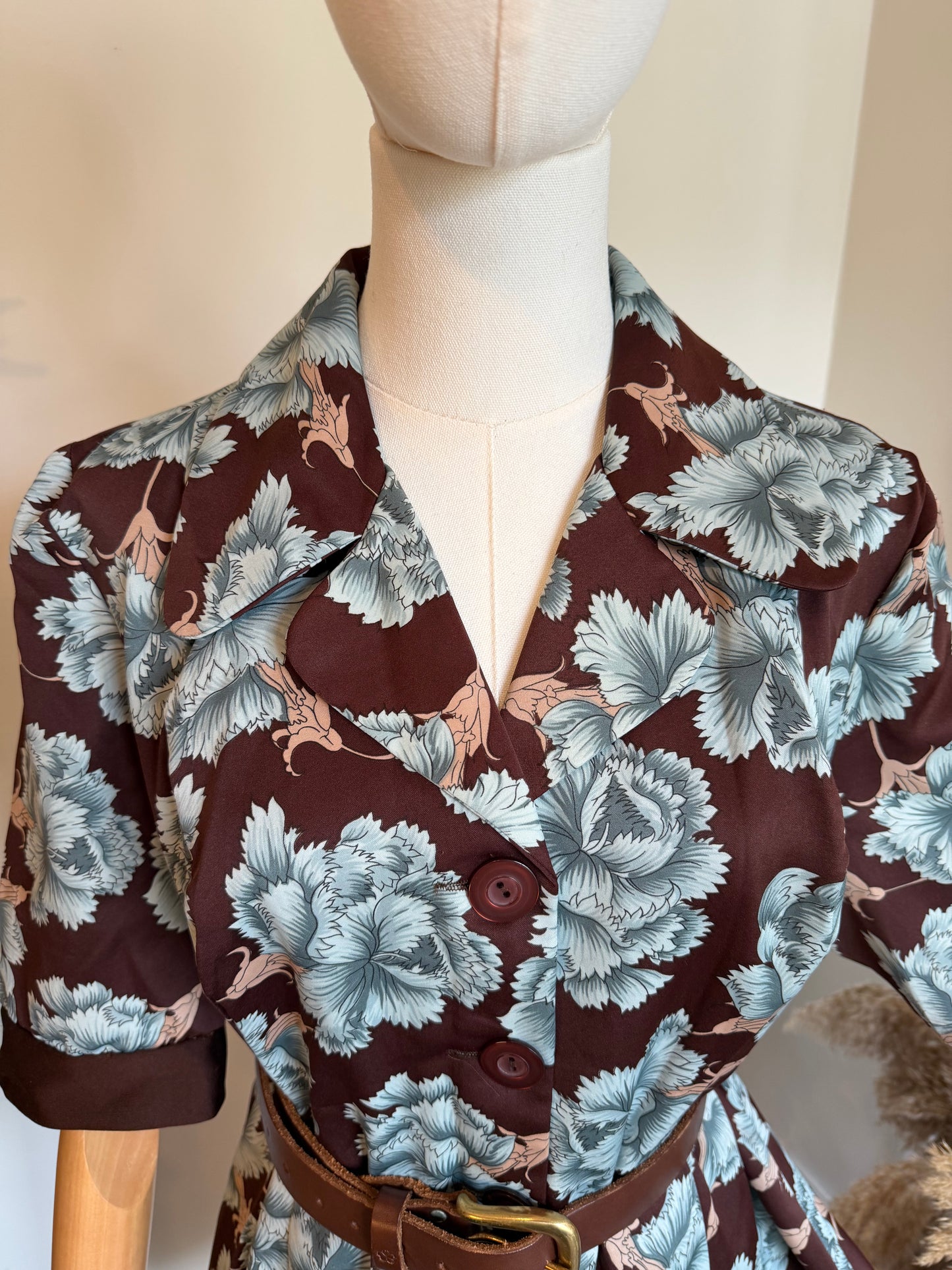 Vintage 1970s Brown & Blue Floral Tea Dress - Size Large