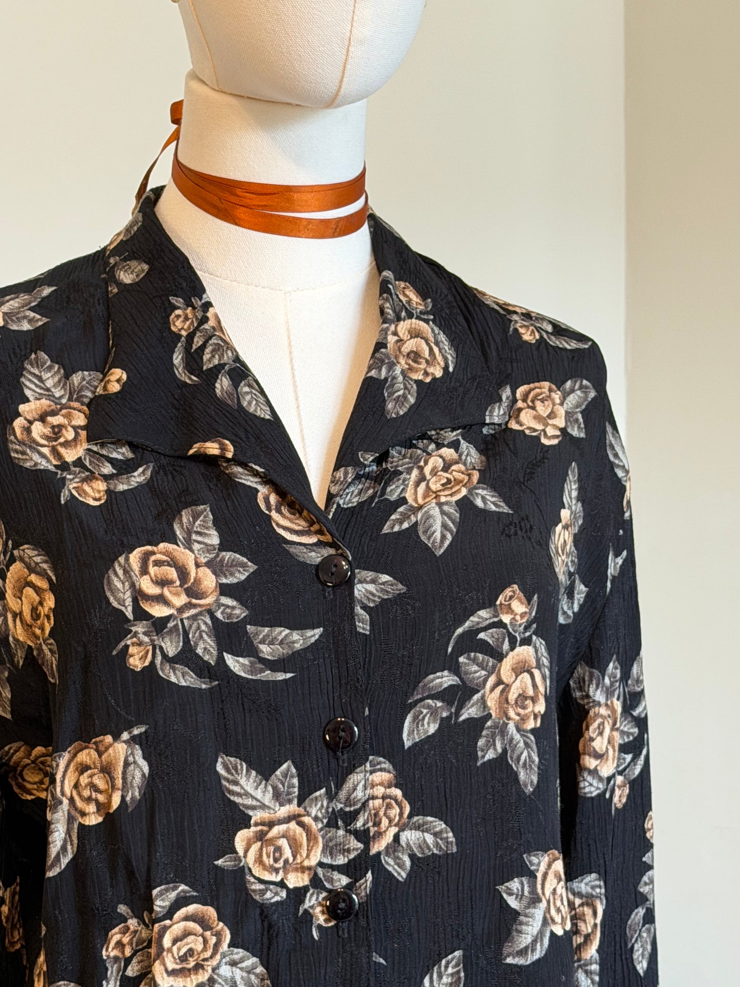 Vintage 1980s Black Floral Rose Print Button Front Blouse - Size Medium