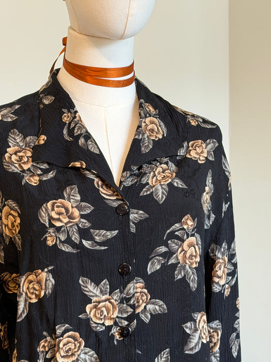 Vintage 1980s Black Floral Rose Print Button Front Blouse - Size Medium