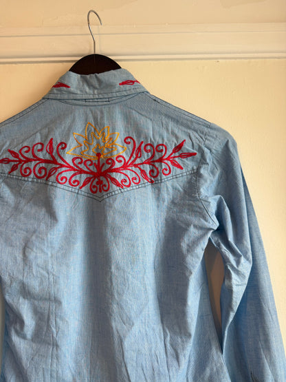 Vintage 1970s Embroidered Indian Cotton Western Shirt - Size X Small