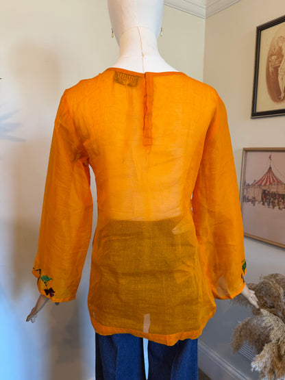 Vintage 1970s Orange Sheer Cotton Floral Embroidered Blouse - Size Medium