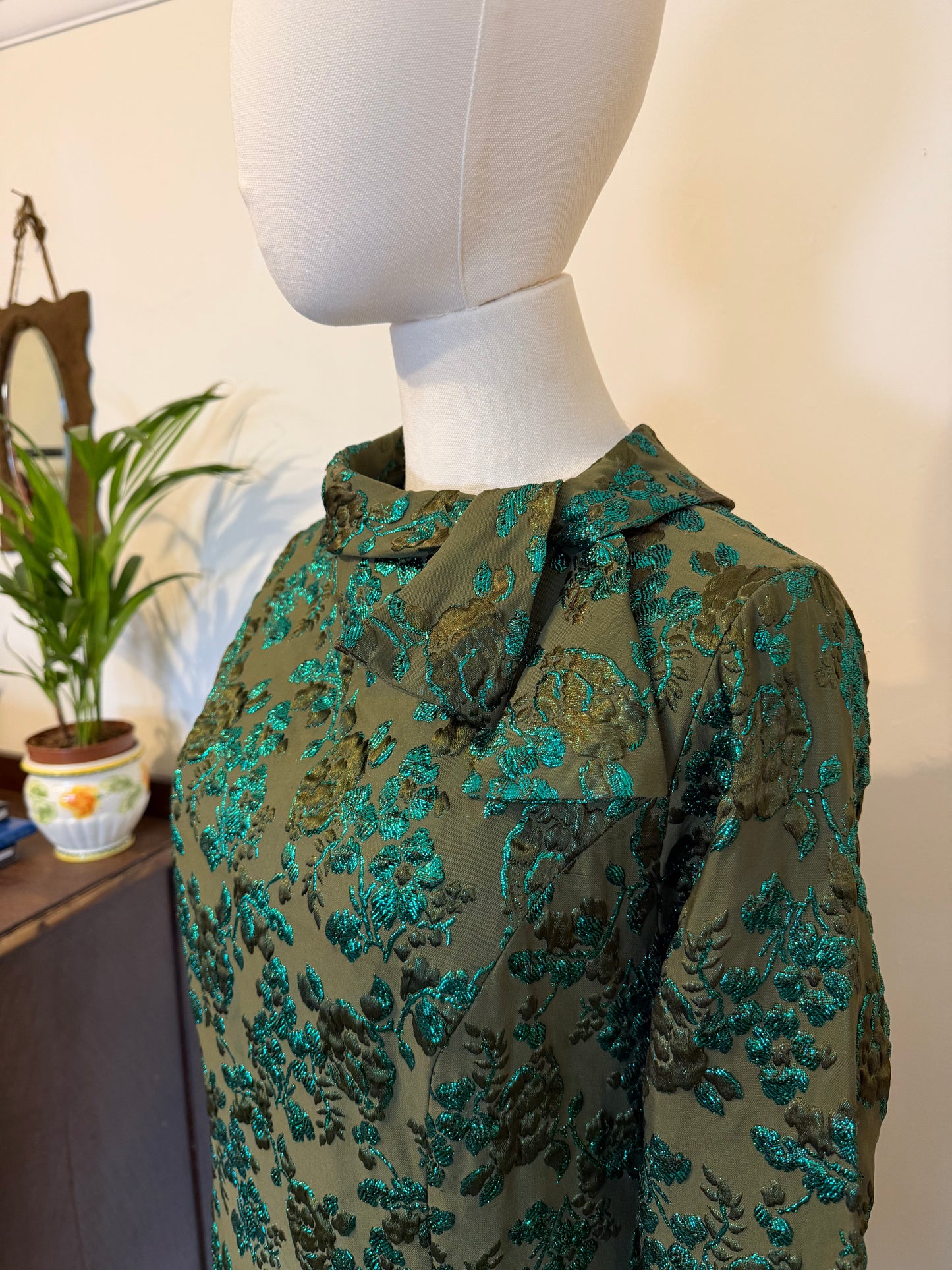 Vintage 1960s Floral Green Jacquard Column Dress - Size Medium