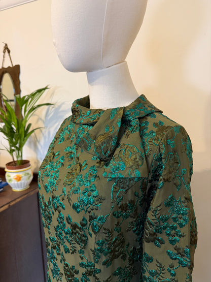 Vintage 1960s Floral Green Jacquard Column Dress - Size Medium