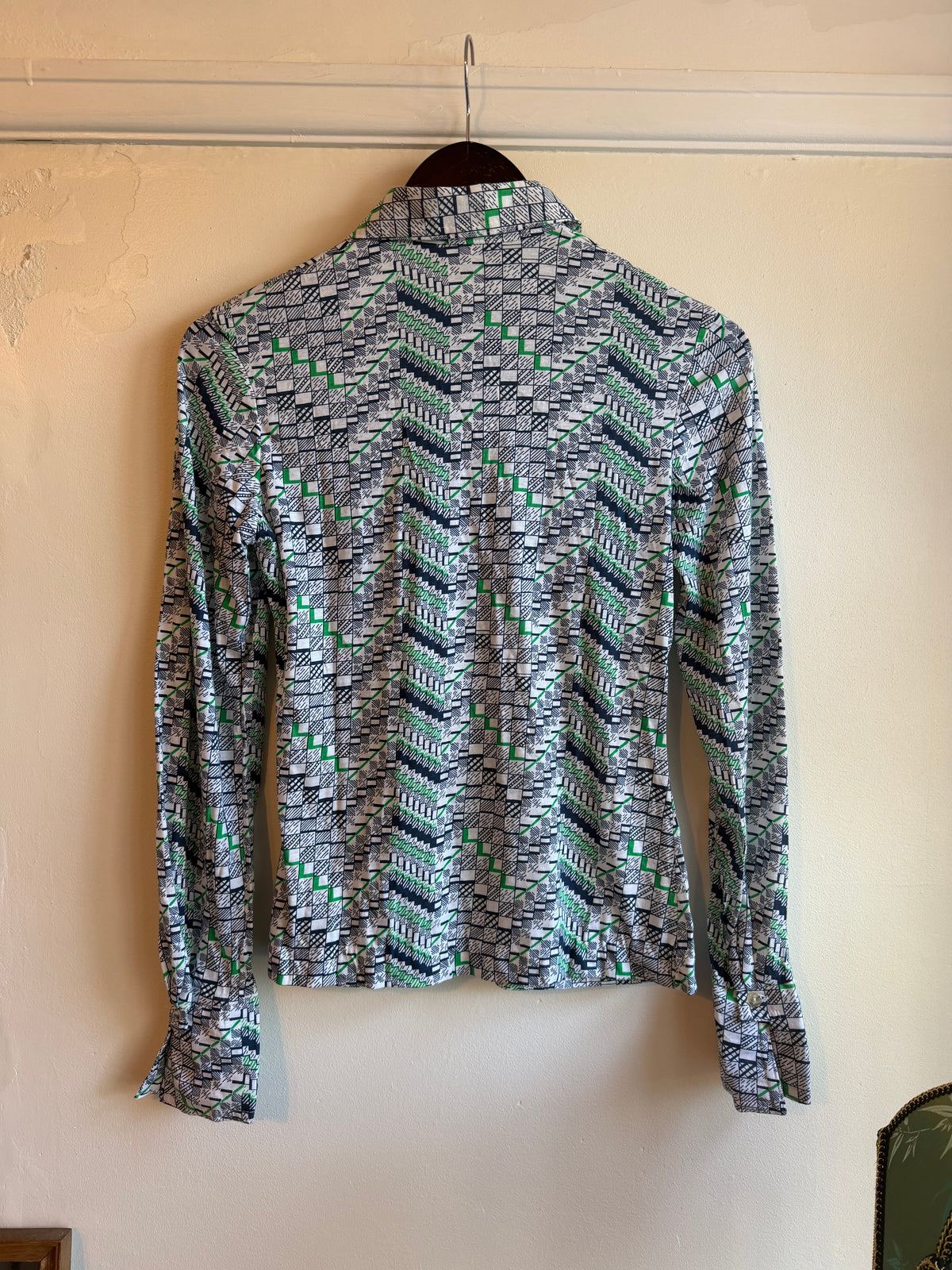 Vintage 1970s Green Geometric Pattern Flared Cuff Shirt - Size Medium