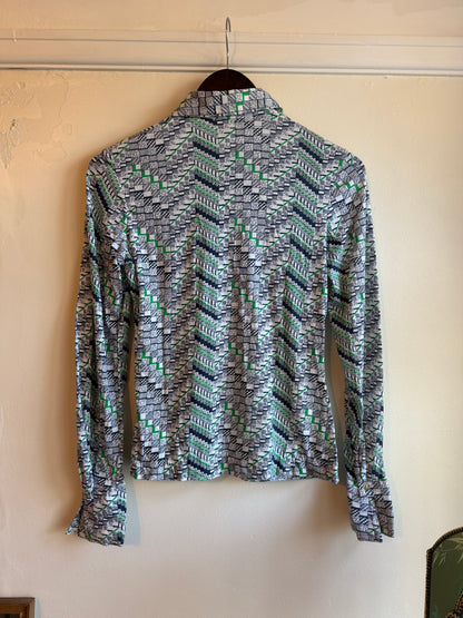 Vintage 1970s Green Geometric Pattern Flared Cuff Shirt - Size Medium