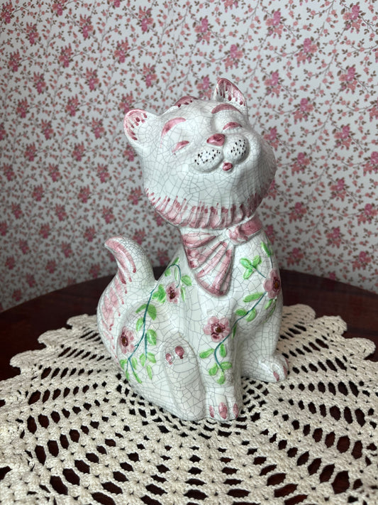 Vintage 1950s Style Crackle Pottery Ceramic Cat Ornament