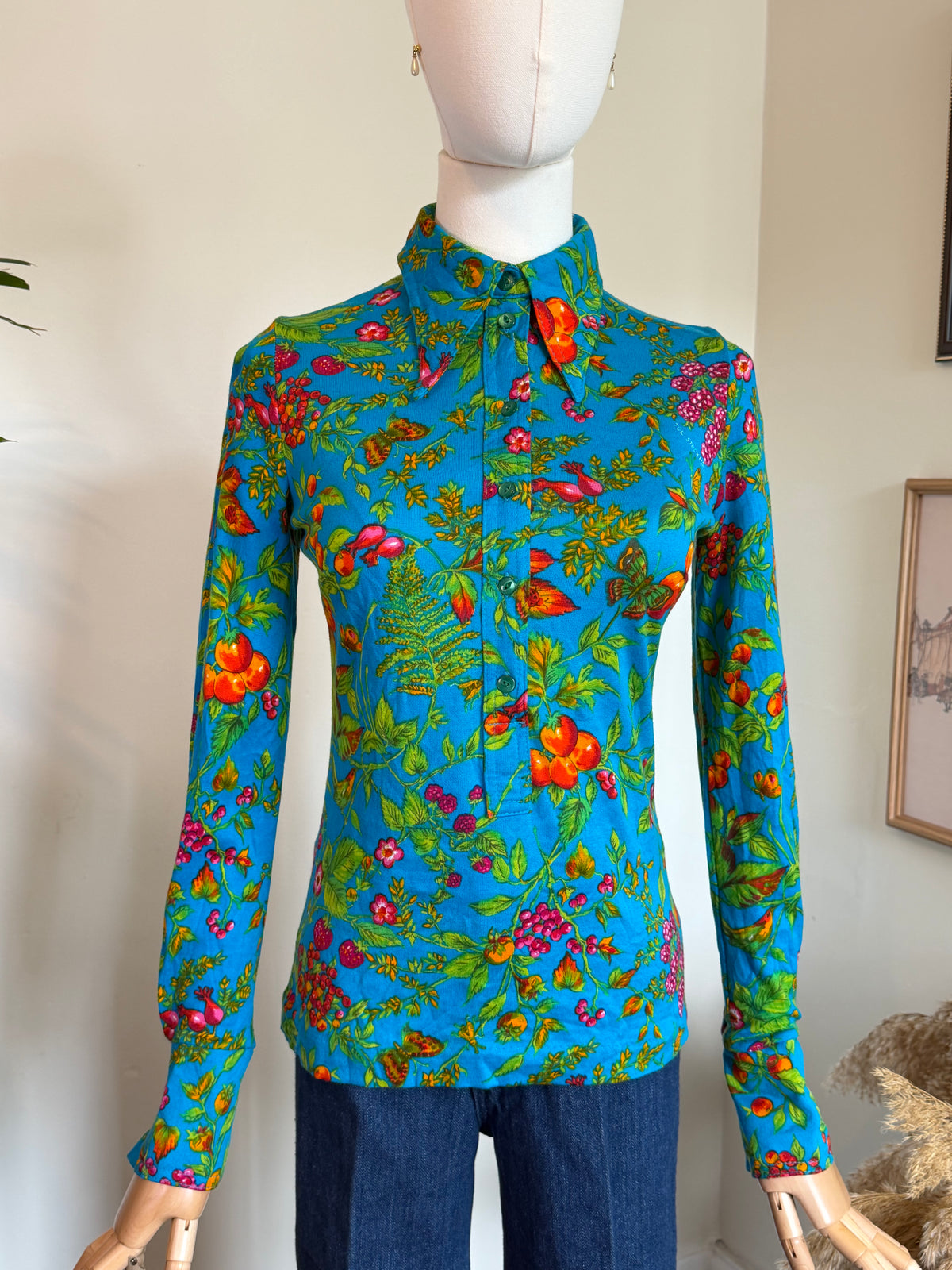 Vintage 1970s TGL Stockholm Turquoise Botanical Print Shirt - Size Small