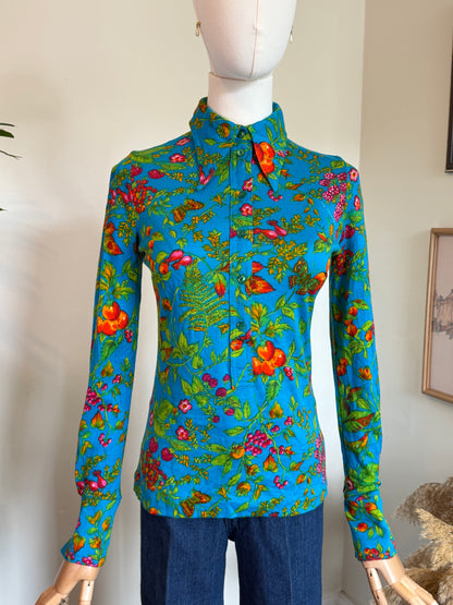 Vintage 1970s TGL Stockholm Turquoise Botanical Print Shirt - Size Small