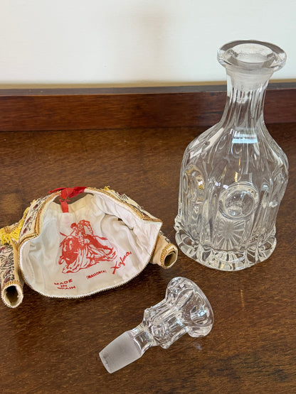 Vintage Crystal Glass Decanter with Embroidered Spanish Bottle Cover
