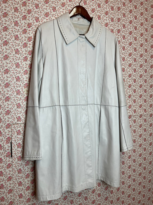 Vintage 1960s Long White Leather Jacket with Contrast Stitching