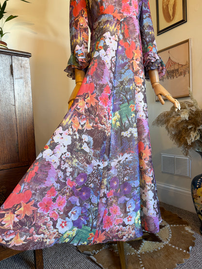 Vintage 1970s Hand Made Photographic Floral Print Frilled Maxi Dress
