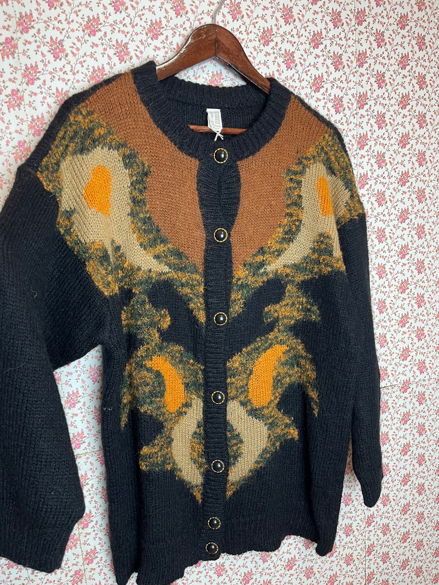 Vintage 1980s Abstract Pattern Black & Brown Knitted Mohair Cardigan