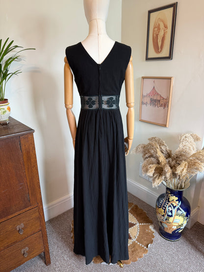 Vintage 1970s Black Cotton Cheesecloth Maxi Dress with Crochet Waist Detail