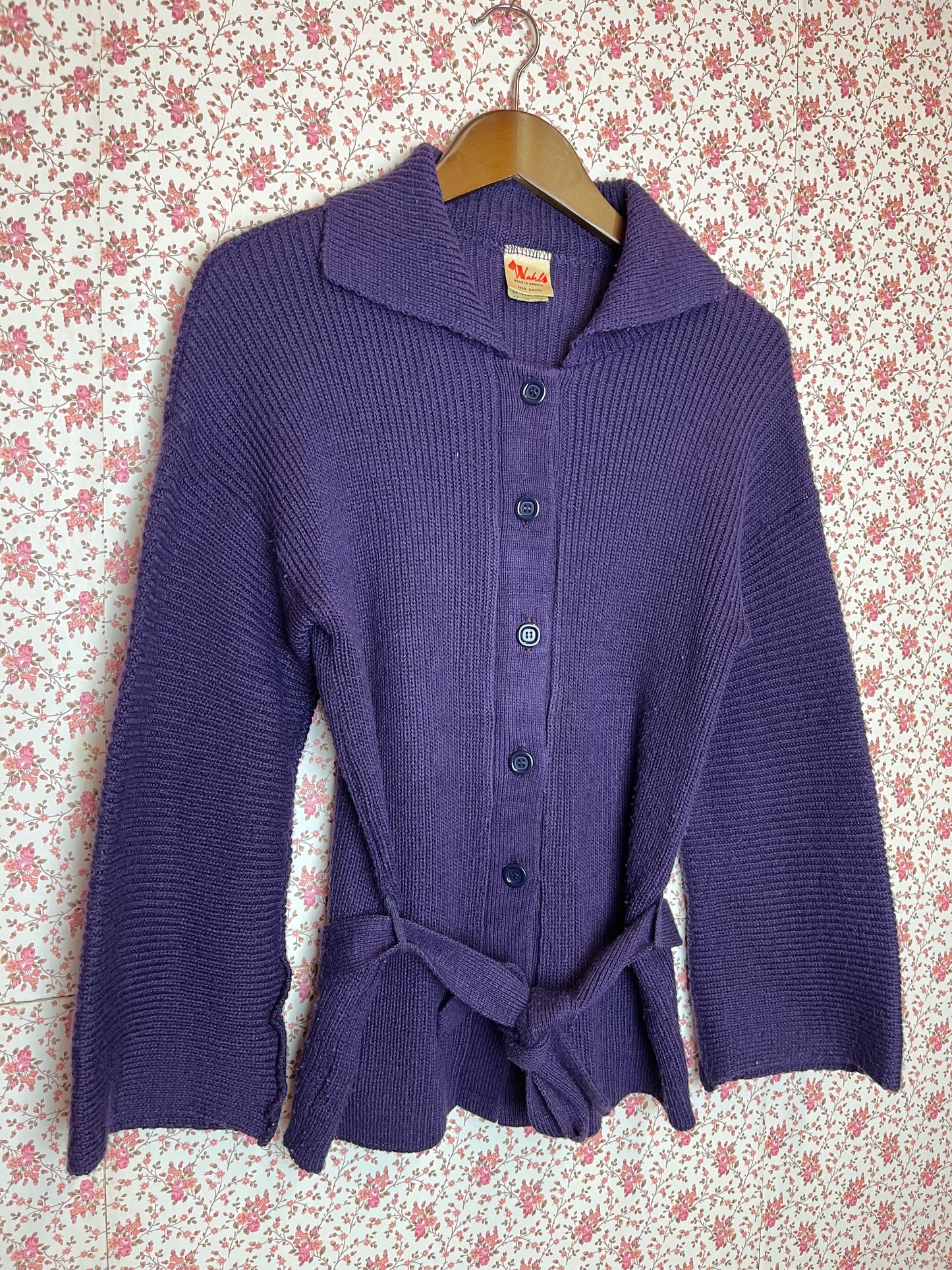 Vintage 1970s Wahls Knitted Ribbed Purple Cardigan with Tie