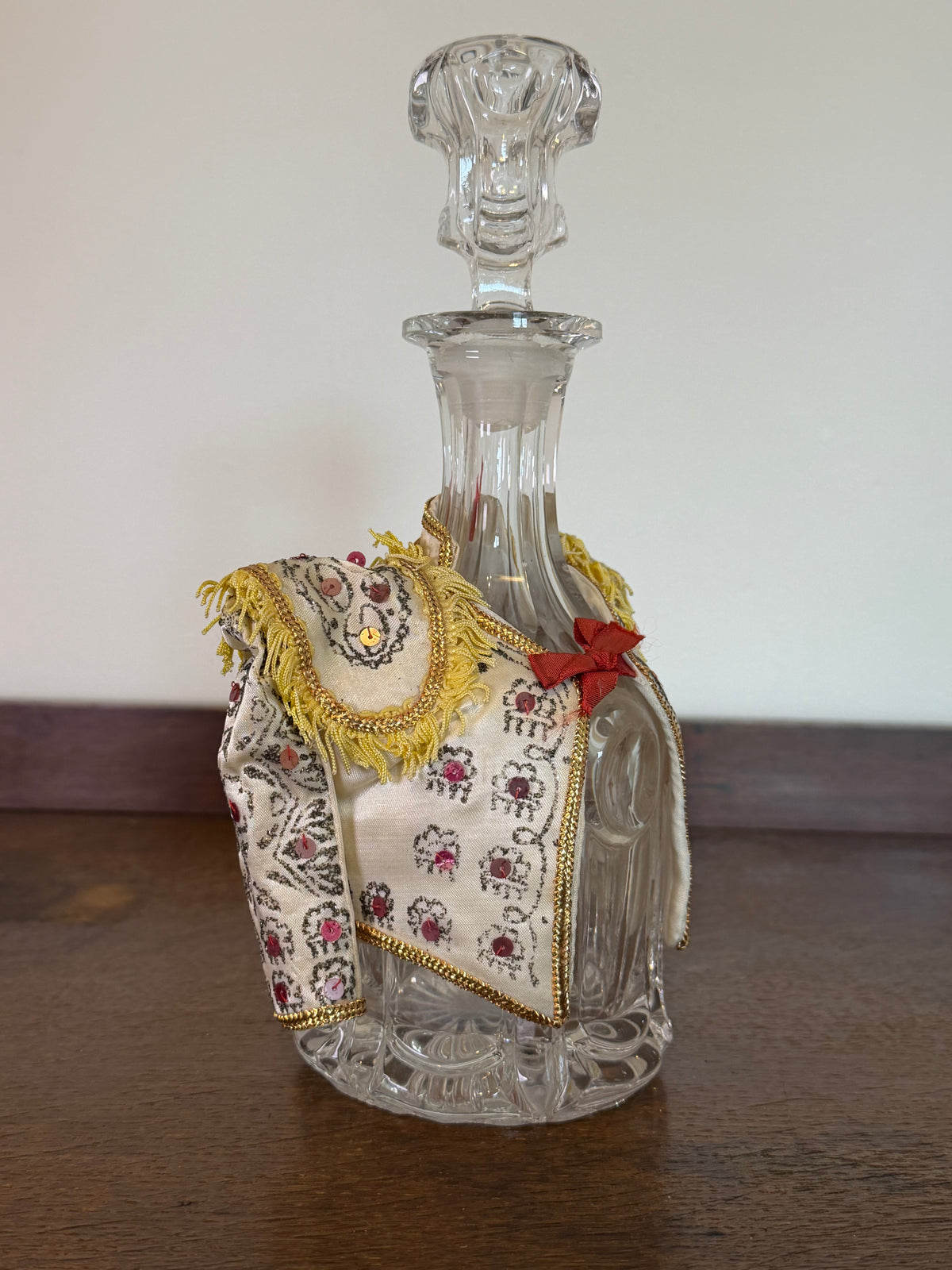 Vintage Crystal Glass Decanter with Embroidered Spanish Bottle Cover