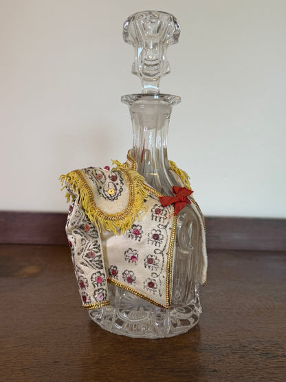 Vintage Crystal Glass Decanter with Embroidered Spanish Bottle Cover