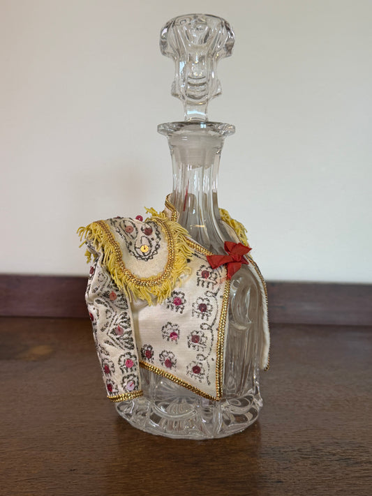 Vintage Crystal Glass Decanter with Embroidered Spanish Bottle Cover