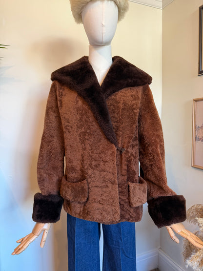 Vintage 1970s Chocolate Brown Sheepskin Collar and Cuff Jacket - Size Medium
