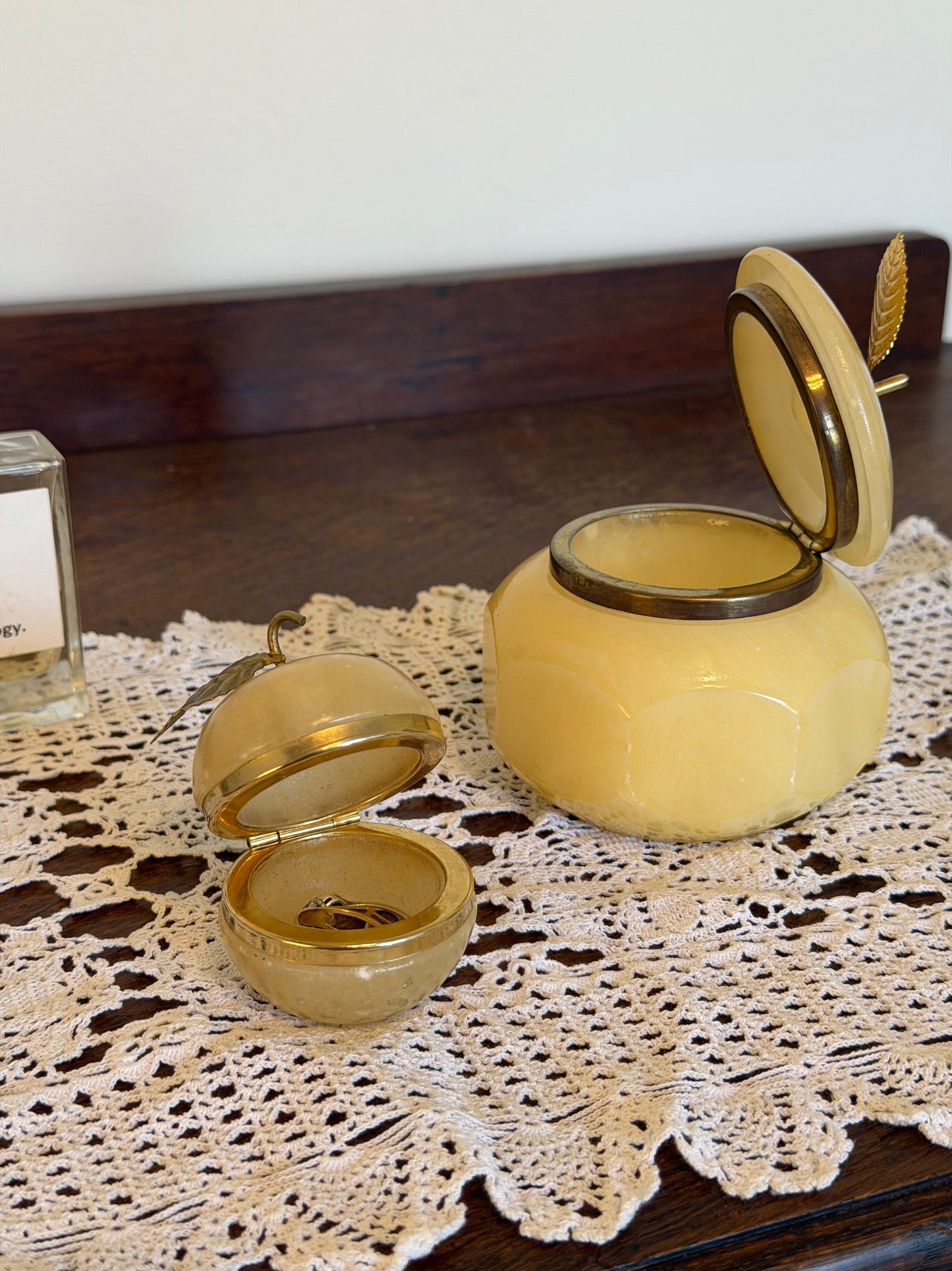 Vintage Alabaster Apple Trinket Box & Faceted Alabaster Jewellery Pot Set