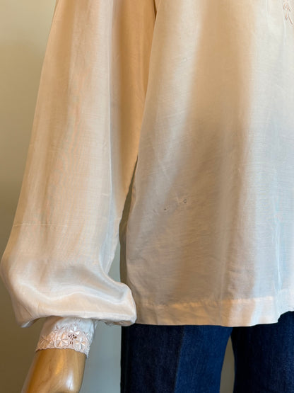 Vintage 1970s Blush Silk Embroidered Blouse - Size Medium
